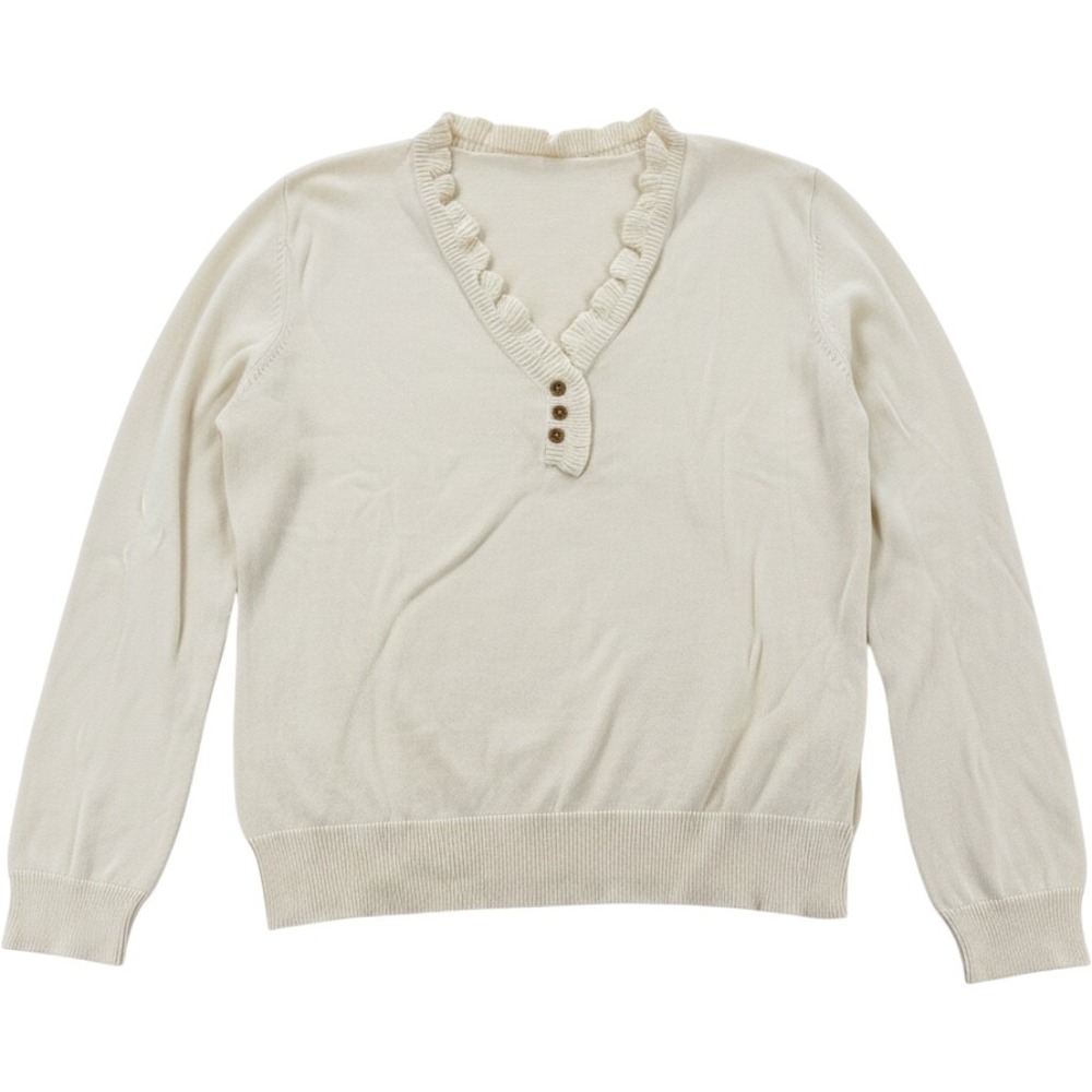Lauren Ralph Lauren Sweater Large Ruffle V-Neck Button Cream Knit Top